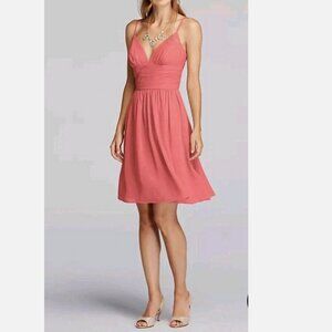 Women's Size 0 David's Bridal Coral Spaghetti Strap V Neck Crinkle Short Dress